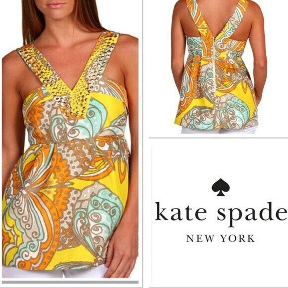 Kate Spade Sz 4 JANA Bold Print Silk Studded Top, Blouse Shirt EUC